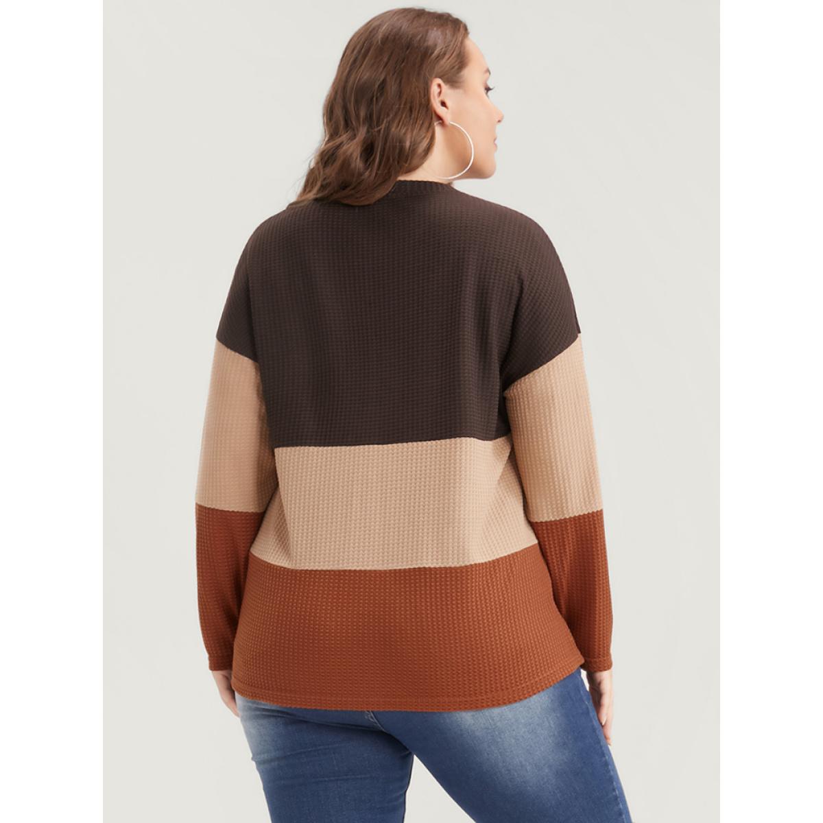 Plus Size Colorblock Contrast V Neck Waffle Knit Long Tee Bronze Women Casual Contrast Plain V-neck Dailywear T-shirts BloomChic 30/6X Product Image