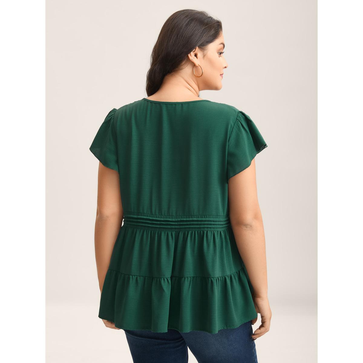 Plus Size DarkGreen Textured Lace Tiered Solid Blouse Women Timeless Cap Sleeve V-neck Elegant Blouses BloomChic 14-16/1X Product Image