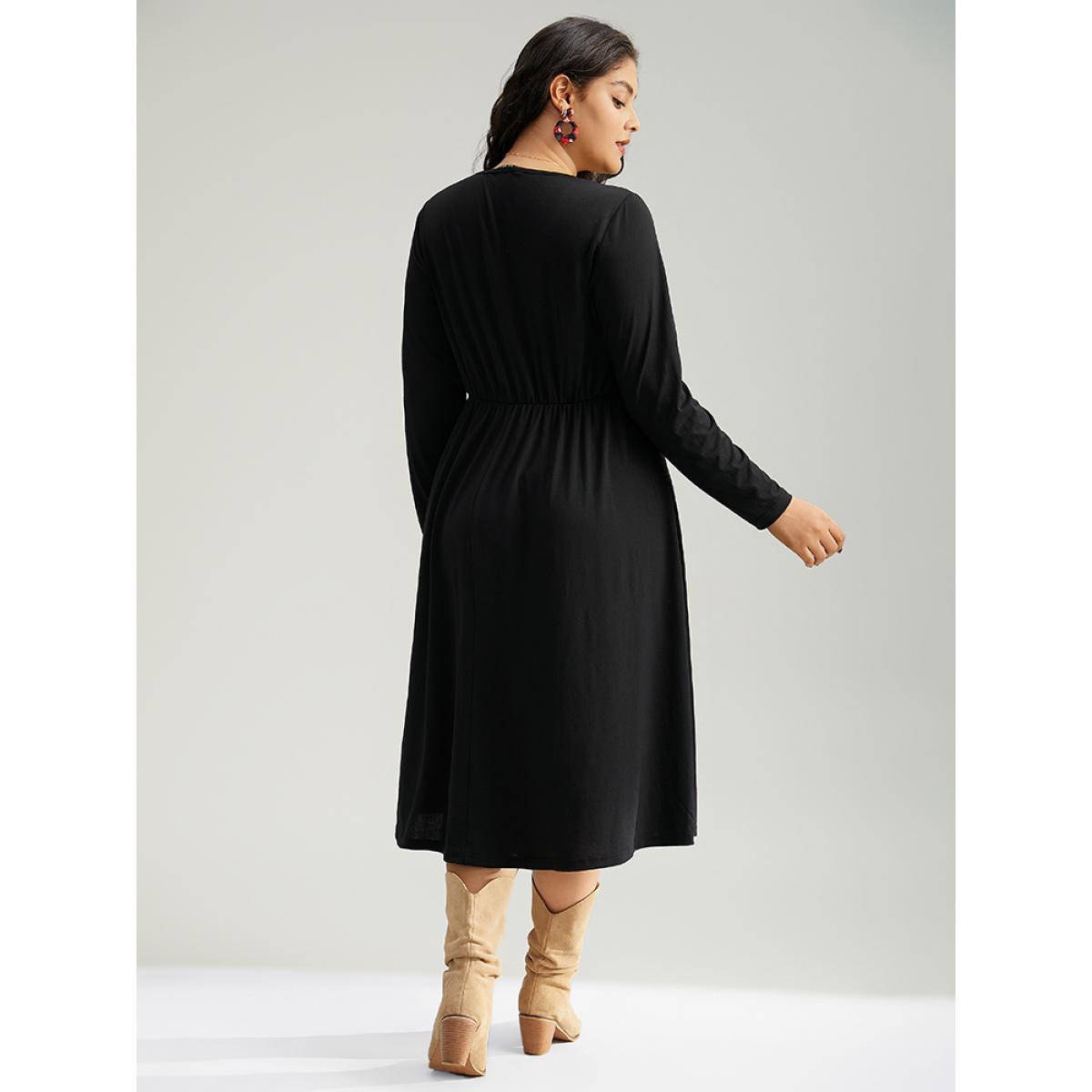 Plus Size Christmas Plaid Patchwork Button Detail Dress Scarlet Women Elegant Printed Round Neck Long Sleeve Curvy Midi Dress BloomChic 30/6X Product Image