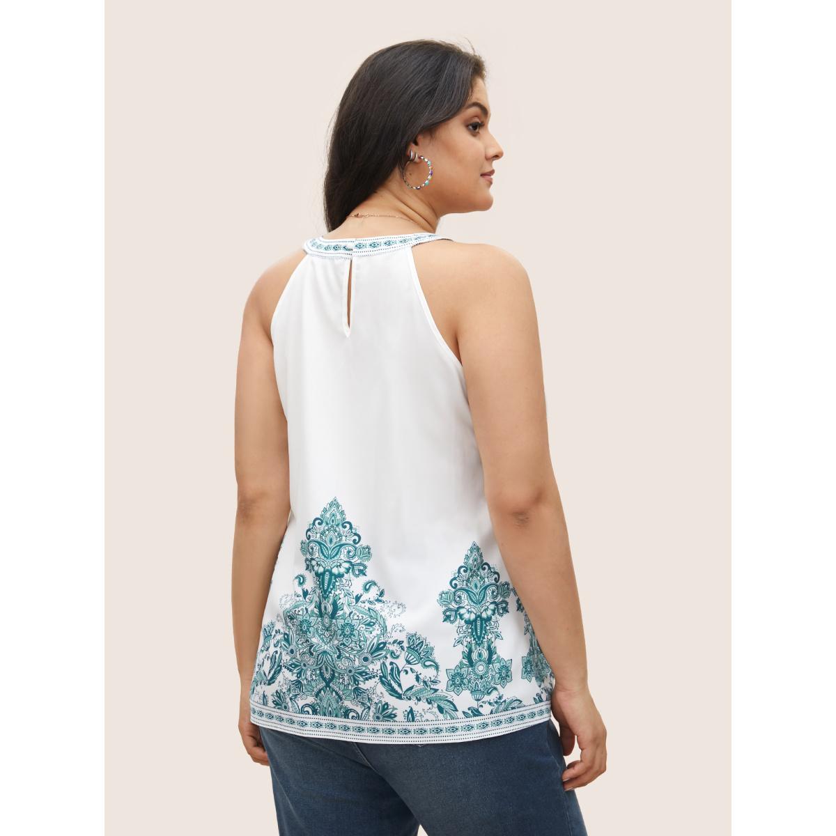 Plus Size Boho Print Round Neck Cut Out Tank Top Women White Resort Button Round Neck Vacation Tank Tops Camis BloomChic 26/4X Product Image