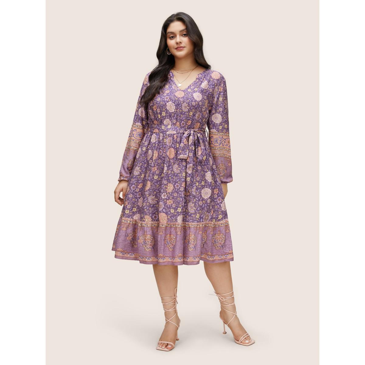 Plus Size Boho Print Belted Notched Lantern Sleeve Dress Mauve Women Resort Non Notched collar Long Sleeve Curvy Midi Dress BloomChic 22-24/3X Product Image