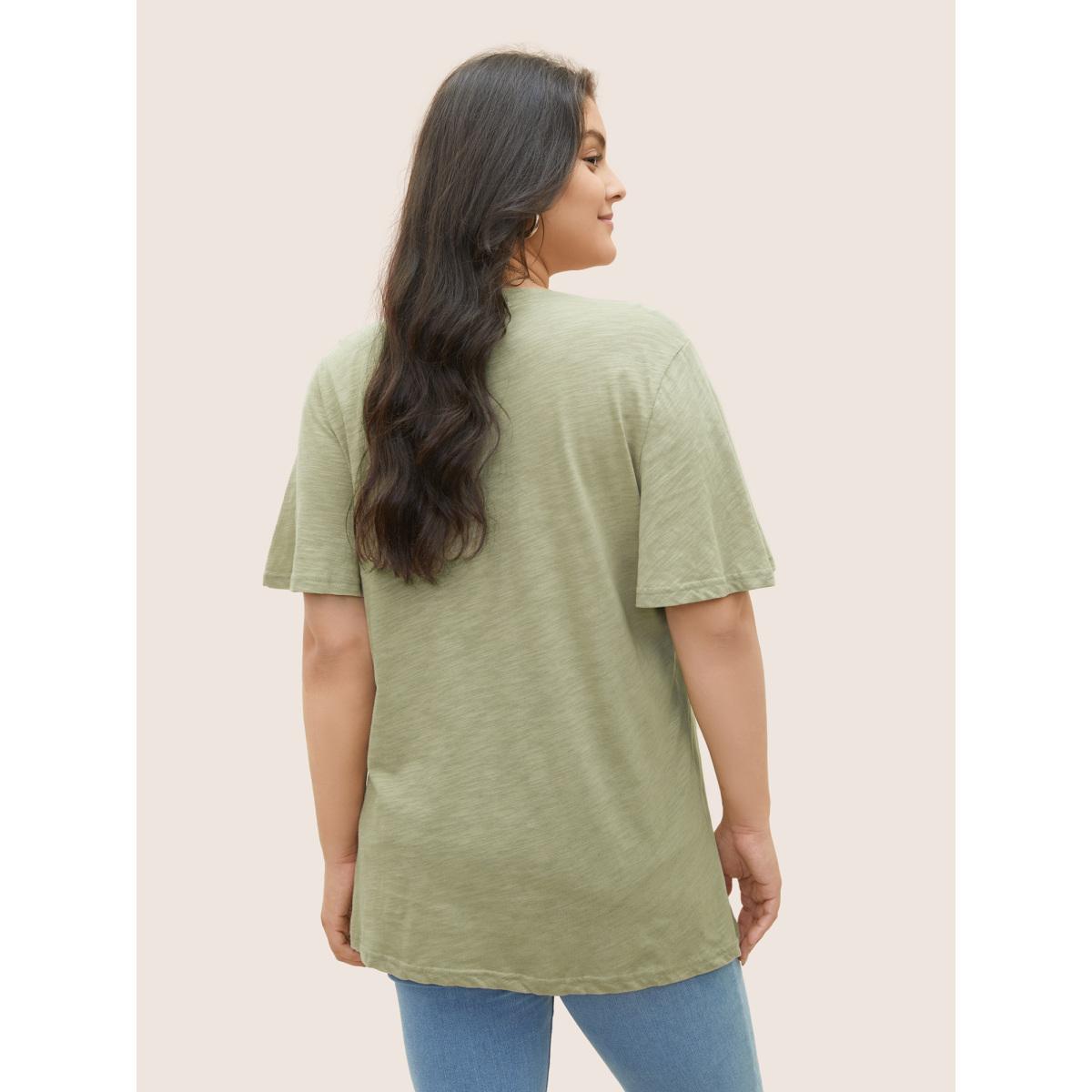 Plus Size Plain Ruffle Sleeve Heather V Neck T-shirt Sage Women Casual Plain V-neck Everyday T-shirts BloomChic 28/5X Product Image