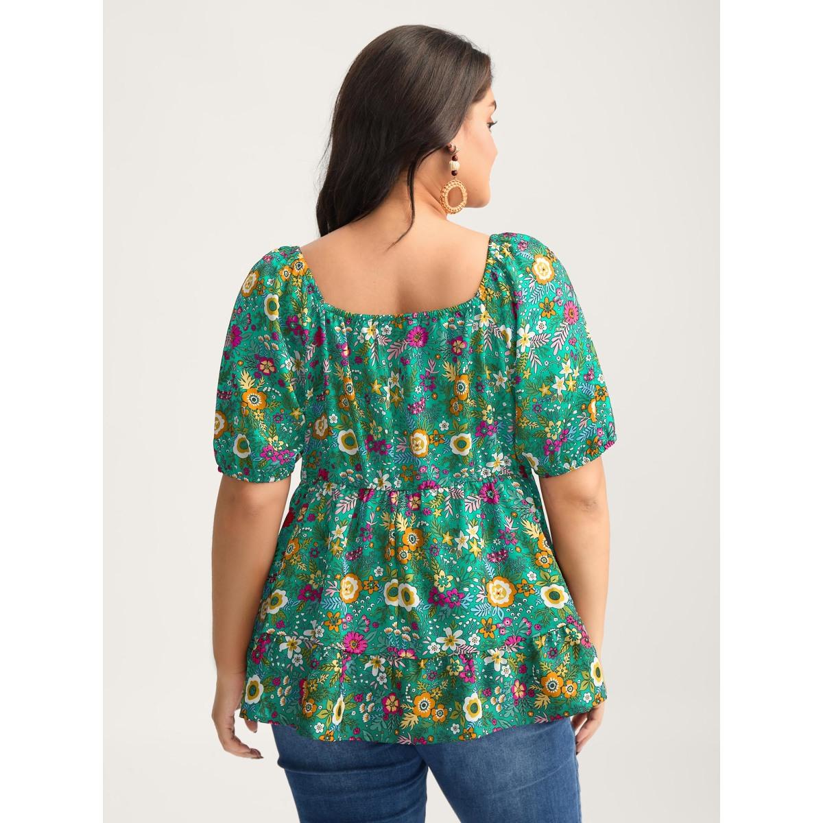 Plus Size Turquoise Floral Square Neck Fit and Flare Blouse Women Playful Short sleeve Square Neck Vacation Blouses BloomChic 28/5X Product Image