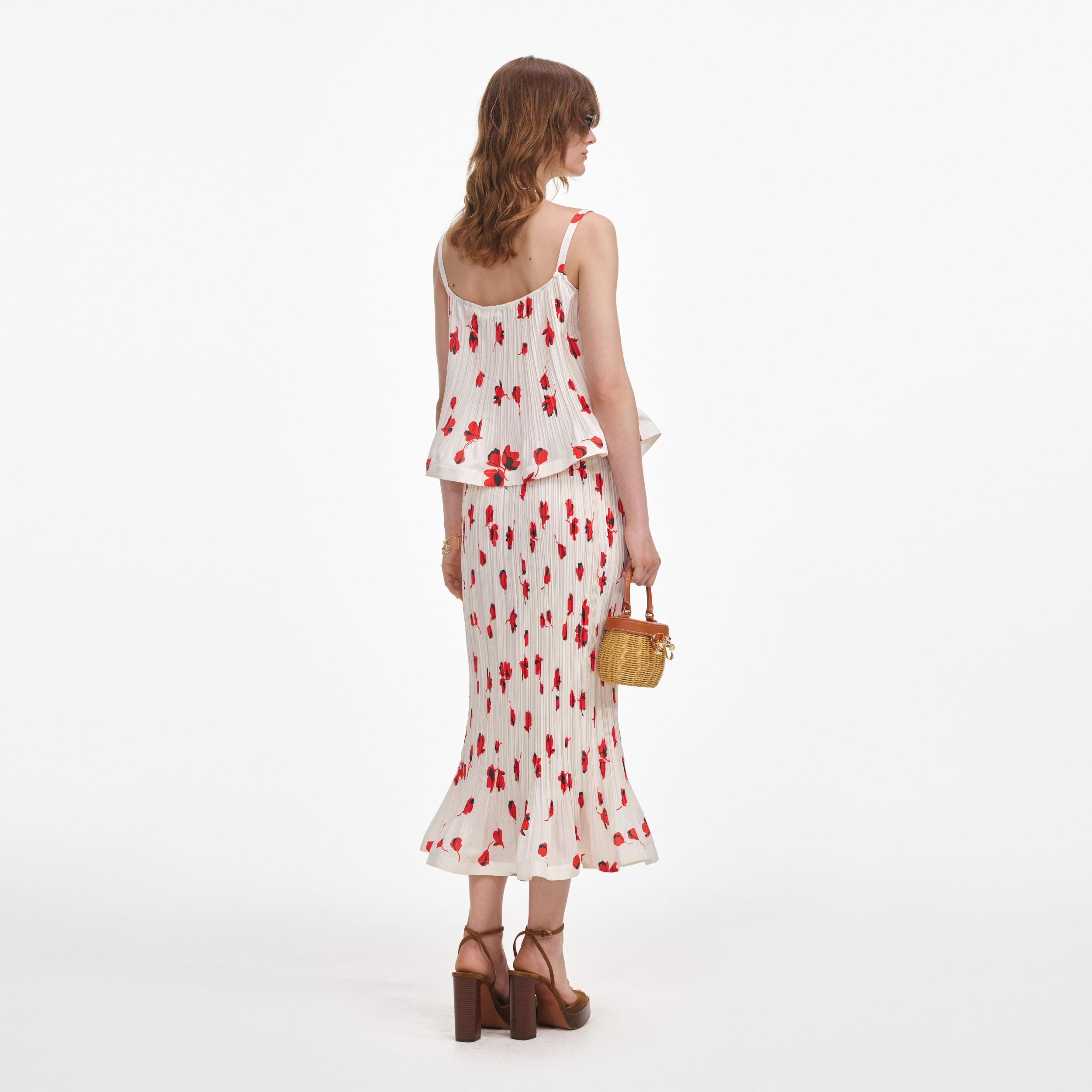 White Floral Plisse  Midi Skirt Product Image