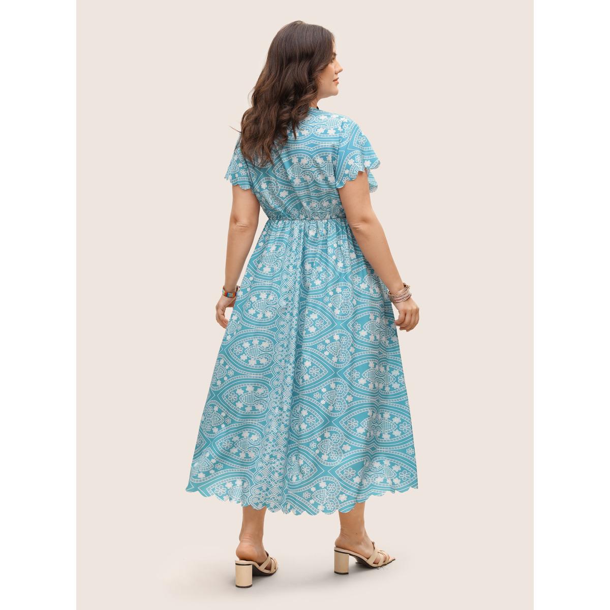 Plus Size Boho Print Scalloped Trim Split Front Dress Teal Women Resort Ruffles V-neck Cap Sleeve Curvy BloomChic 14-16/1X Product Image