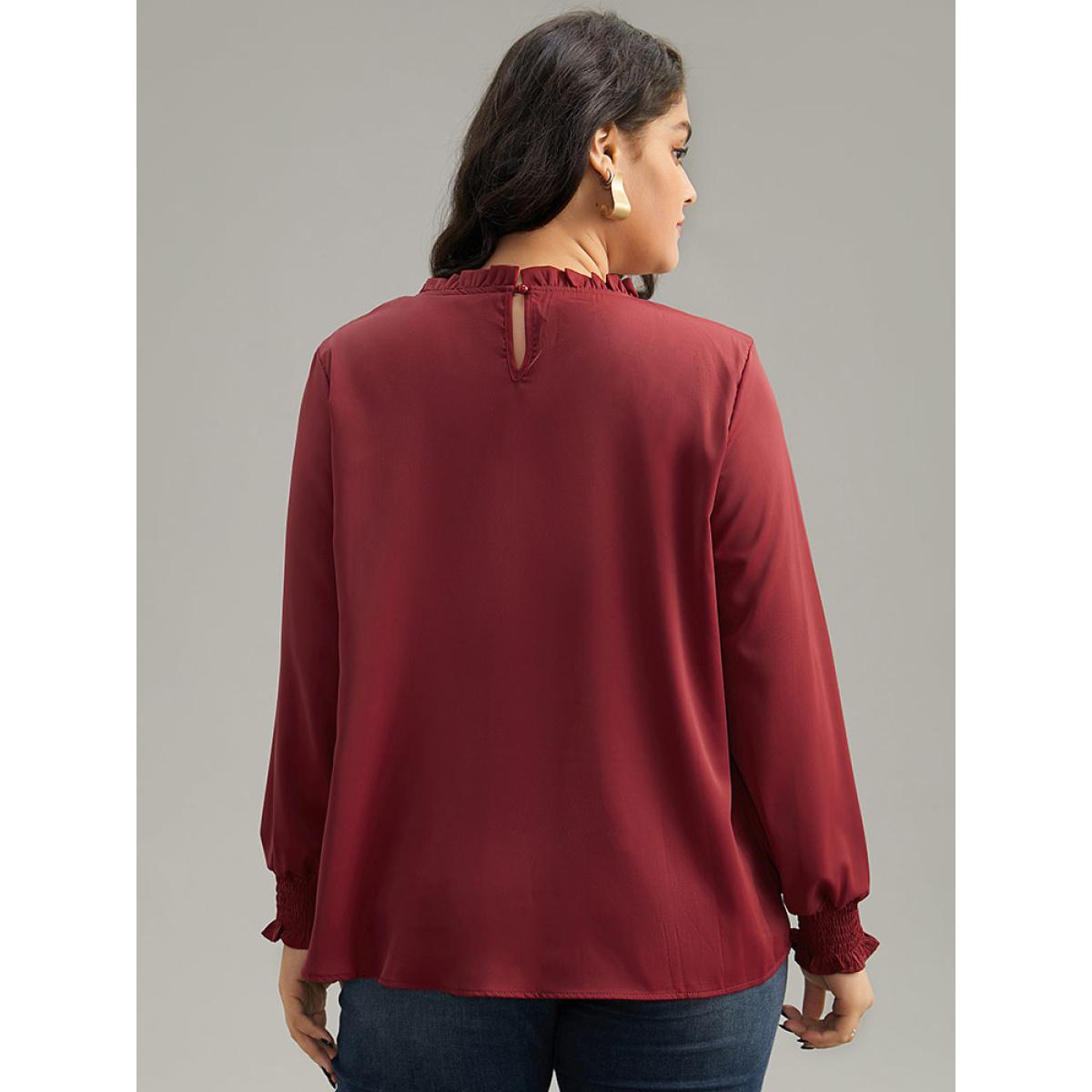 Plus Size Scarlet Static-Free Solid Shirred Frill Trim Blouse Women Office Long Sleeve Round Neck Office Blouses BloomChic 14-16/1X Product Image