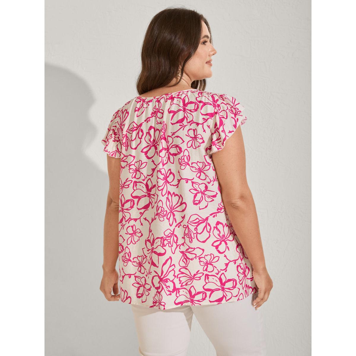 Plus Size Peach Floral Print Flutter Sleeve Blouse Women Cap Sleeve Round Neck Everyday-Elegant Blouses BloomChic 14-16/1X Product Image