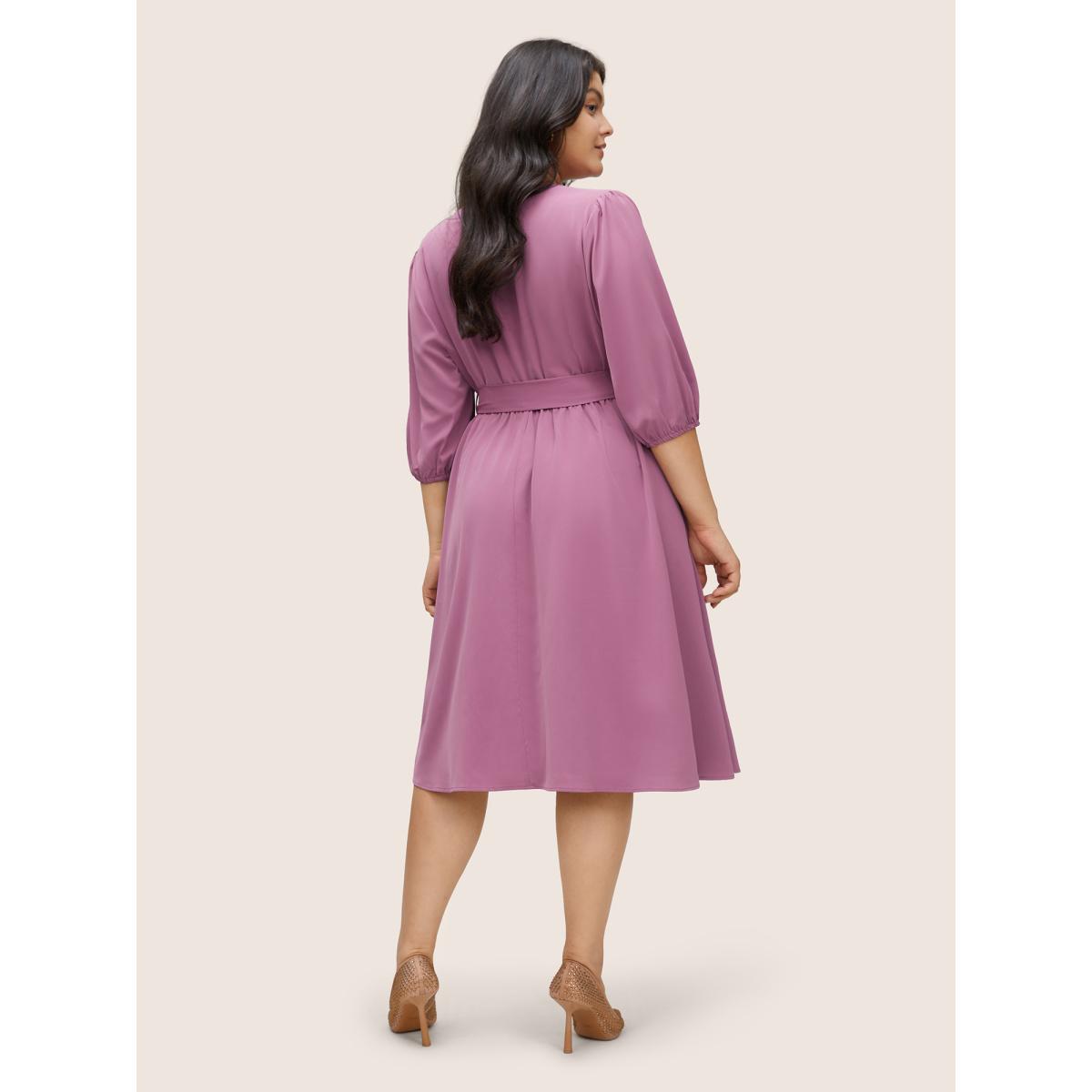 Plus Size Notched Button Through Elastic Waist Belted Dress Mauve Women At the Office Non Notched collar Elbow-length sleeve Curvy Midi Dress BloomChic 12/L Product Image