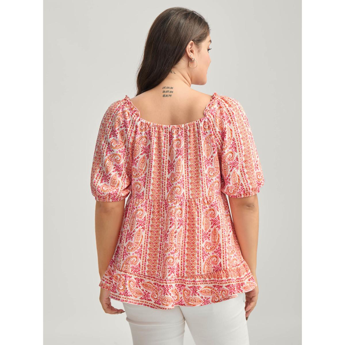 Plus Size WhiteSmoke Stripe Paisley Print Ruffled Neck Blouse Women Short sleeve Square Neck Elegant Blouses BloomChic 10/M Product Image