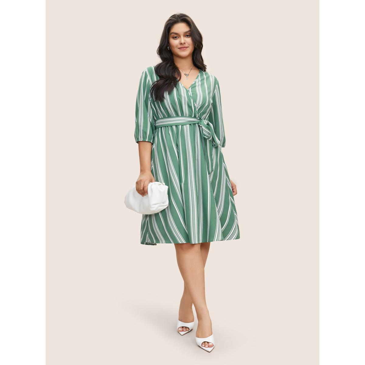 Plus Size Striped Elastic Waist Belted Wrap Dress Mint Women At the Office Non Overlap Collar Elbow-length sleeve Curvy Midi Dress BloomChic 14-16/1X Product Image