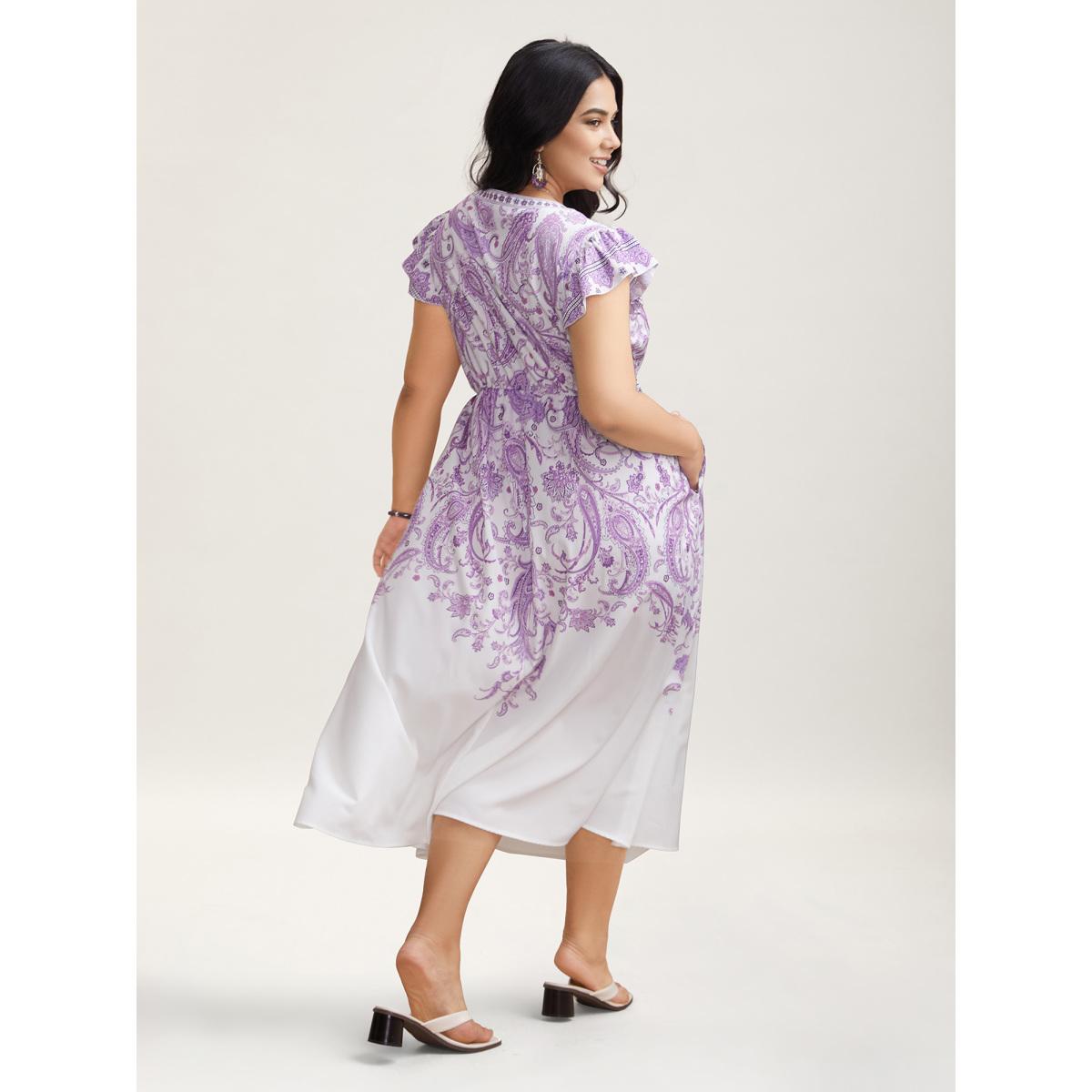 Plus Size Paisley Print Notched Collar Ruffled Midi Dress Mauve Women Resort Ruffles Flat collar with V-notch Short sleeve Curvy BloomChic 30/6X Product Image
