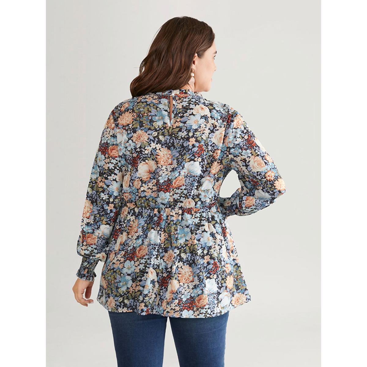 Plus Size Stone Floral Shirred Frill Trim Stand Collar Blouse Women Elegant Long Sleeve Stand-up collar Dailywear Blouses BloomChic 30/6X Product Image
