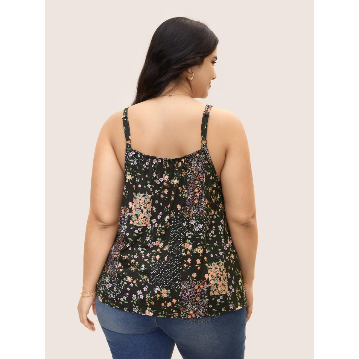 Plus Size V Neck Ditsy Floral Patchwork Cami Top Women Black Elegant Contrast V-neck Everyday Tank Tops Camis BloomChic 14-16/1X Product Image