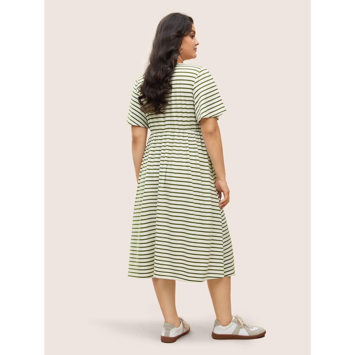 Plus Size Stripes Round Neck Split Side Pocket Dress Moss Women Casual Slit Round Neck Short sleeve Curvy Midi Dress BloomChic 18-20/2X Product Image