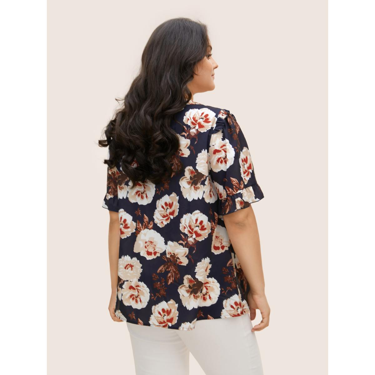 Plus Size Indigo Floral Notched Collar Ruffle Trim Blouse Women Elegant Short sleeve Flat collar with V-notch Everyday Blouses BloomChic 10/M Product Image