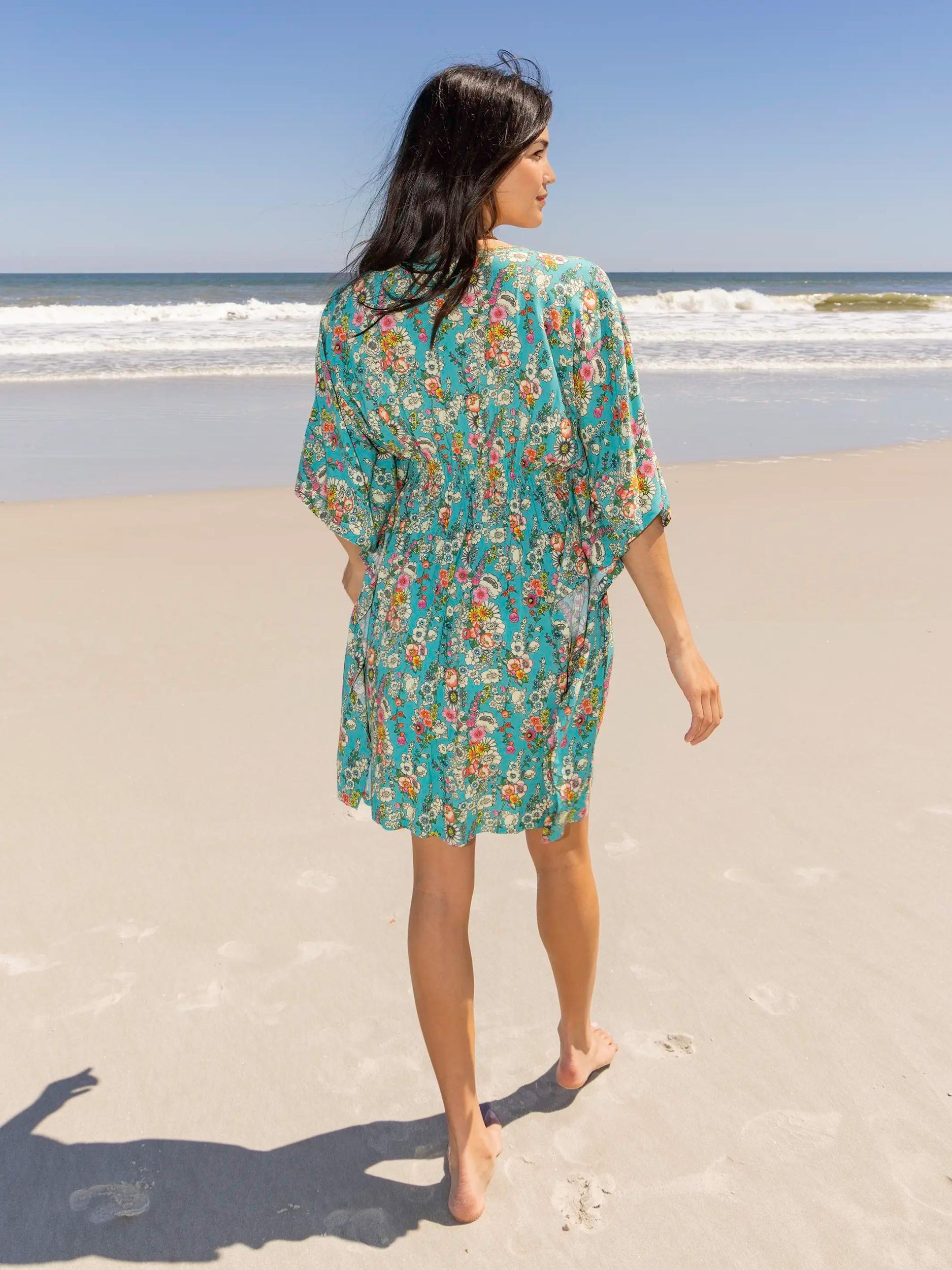 Sanibel Kaftan Mini Dress - Turquoise Floral Product Image