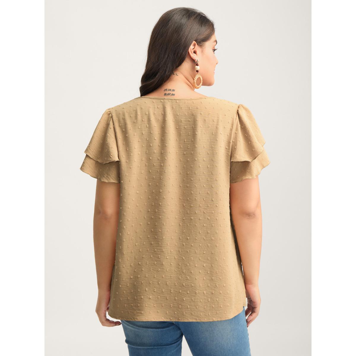 Plus Size Tan Textured Bust-Comfort Layered Sleeve Blouse Women Short sleeve V-neck Vacation Blouses BloomChic 30/6X Product Image