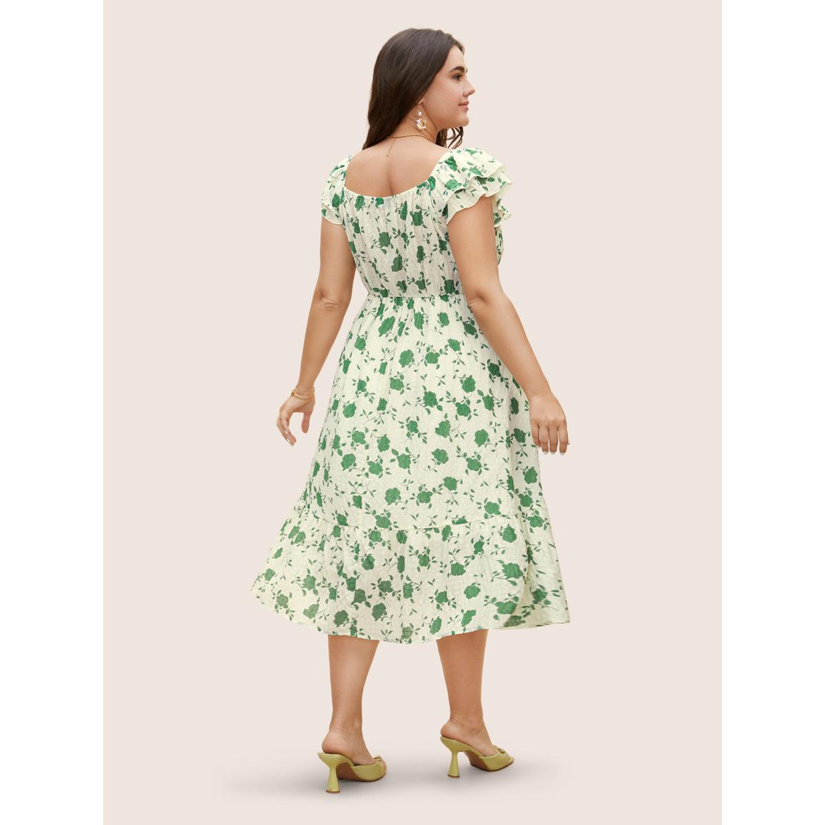 Plus Size Square Neck Floral Texture Ruffle Trim Dress Palemauve Women Elegant Texture Square Neck Cap Sleeve Curvy BloomChic 22-24/3X Product Image