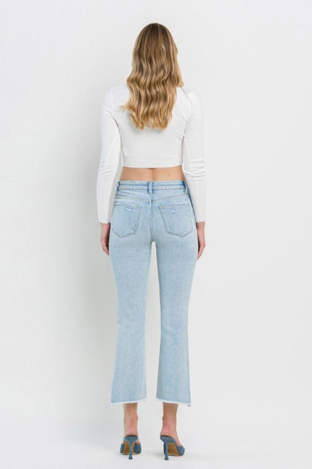 High Rise Slant Raw Hem Crop Flare Jeans Product Image