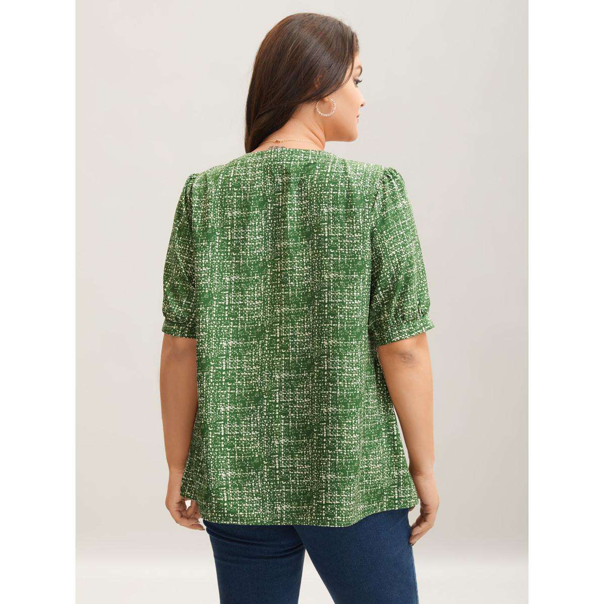 Plus Size Truegreen Geometric Print Puff Sleeve Blouse Women Office Short sleeve Flat collar with V-notch Office Blouses BloomChic 30/6X Product Image