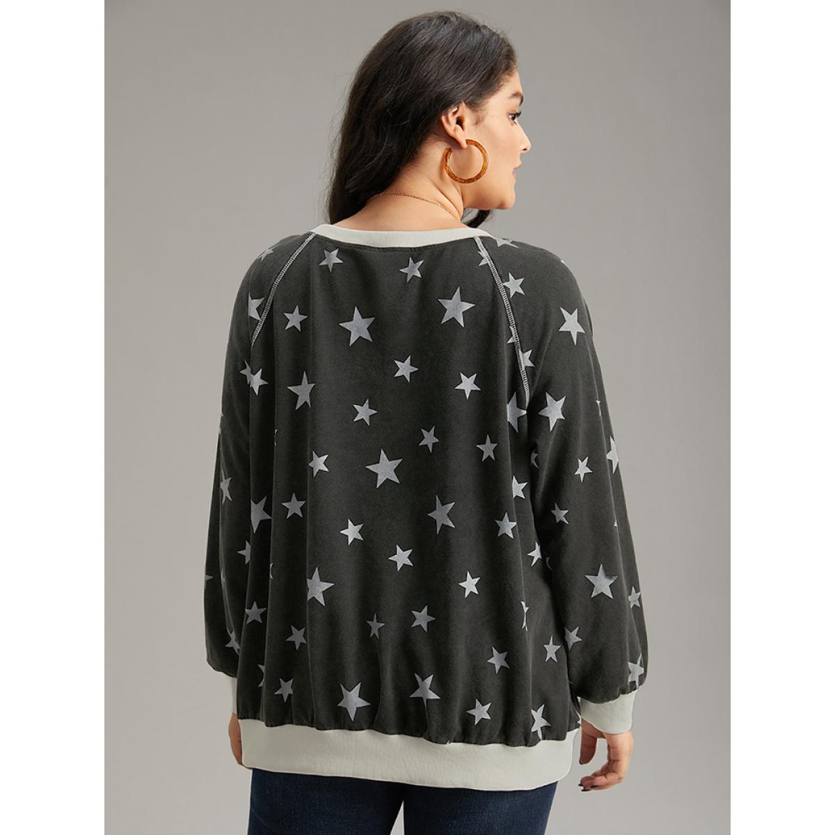 Plus Size Star Print Keyhole Rib Knit Hem Sweatshirt Women Black Casual Elastic cuffs Keyhole Cut-Out Dailywear Sweatshirts BloomChic 22-24/3X Product Image