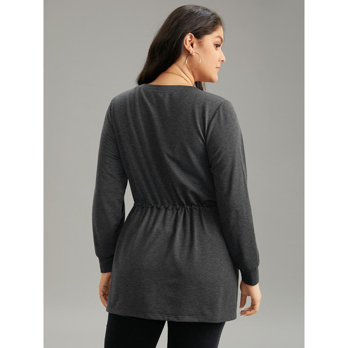 Plus Size V Neck Plain Drawstring Knot Sweatshirt Women Gray Casual Plain V-neck Dailywear Sweatshirts BloomChic 22-24/3X Product Image