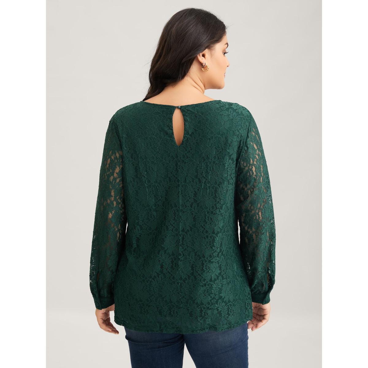 Plus Size DarkGreen Solid Crochet Lace Mesh Crew Neck Blouse Women Timeless Long Sleeve Round Neck Elegant Blouses BloomChic 14-16/1X Product Image