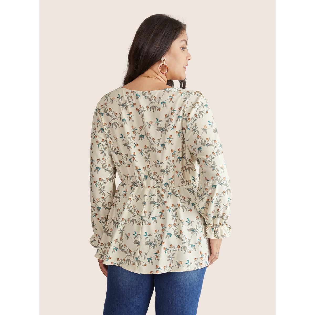 Plus Size Apricot Ditsy Floral Overlap Collar Ruffle Trim Blouse Women Elegant Long Sleeve Overlap Collar Everyday Blouses BloomChic 14-16/1X Product Image