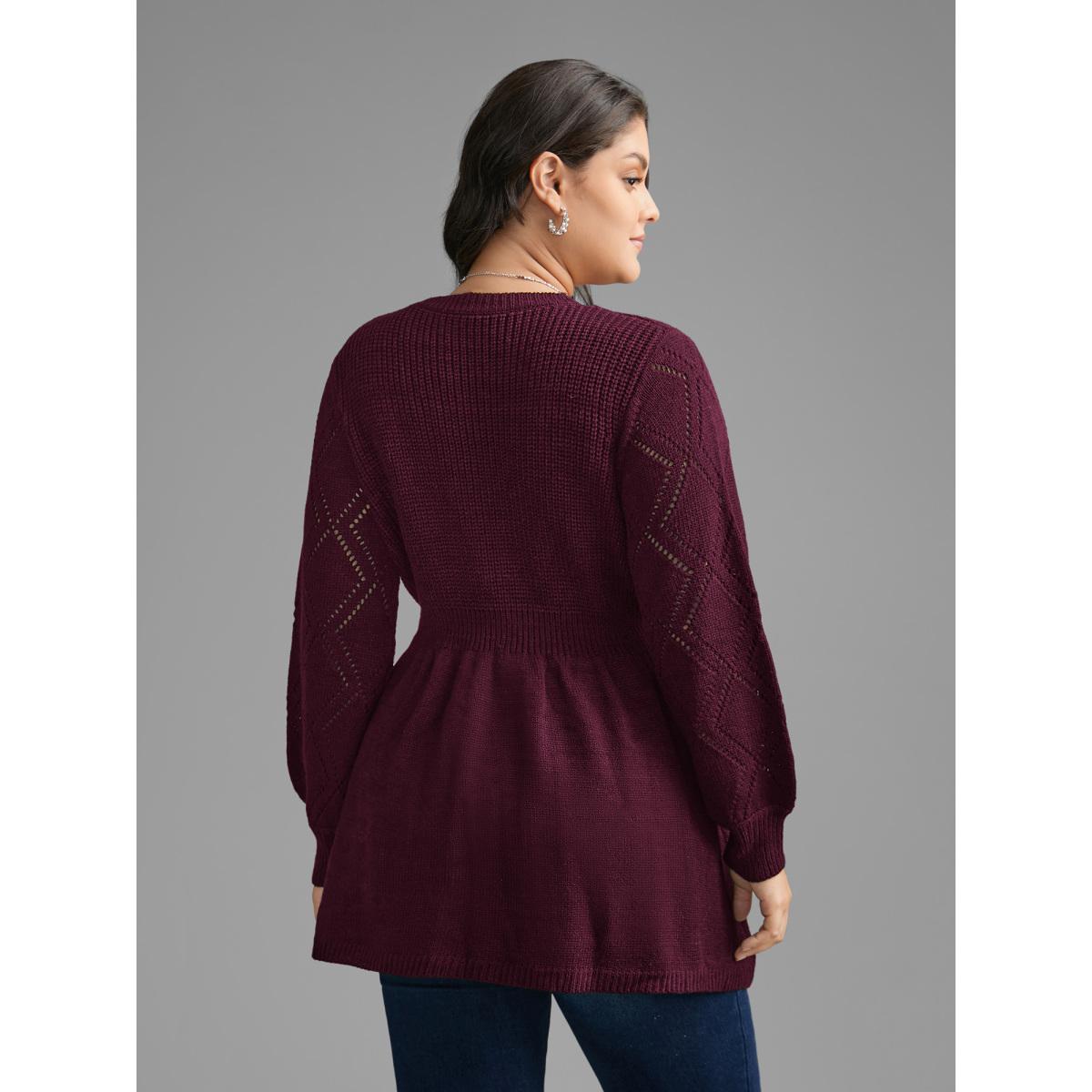 Plus Size V Neck Lace Panel Lantern Sleeve Pullover Deepred Women Casual Bodycon Long Sleeve V-neck Everyday Pullovers BloomChic 28/5X Product Image