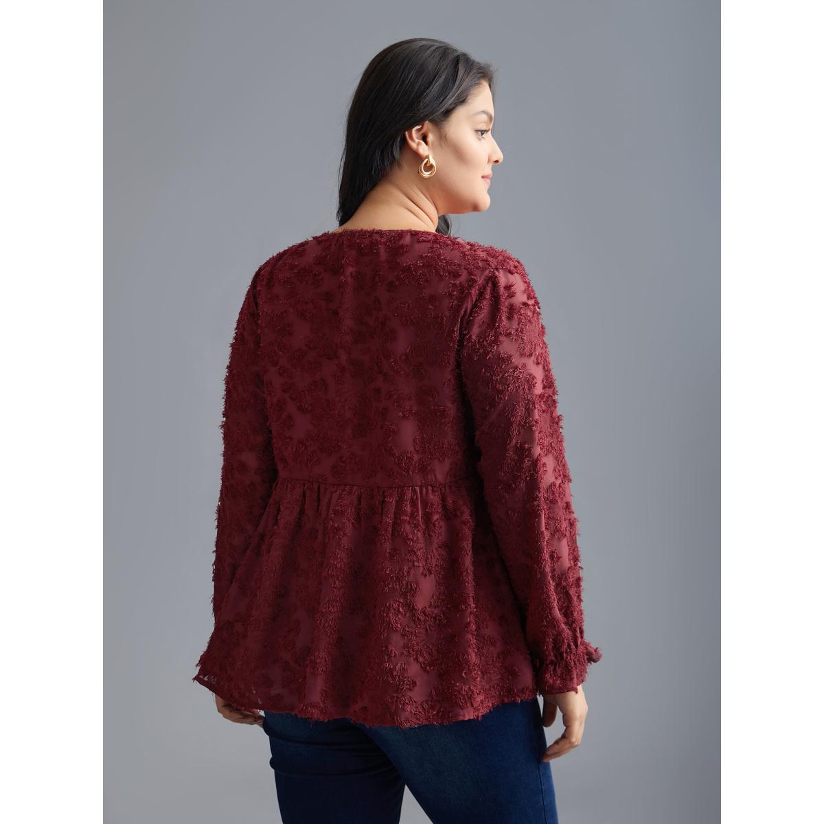 Plus Size Scarlet Round Neck Jacquard Plisse Ruched Blouse Women Elegant Long Sleeve Round Neck Everyday Blouses BloomChic 30/6X Product Image
