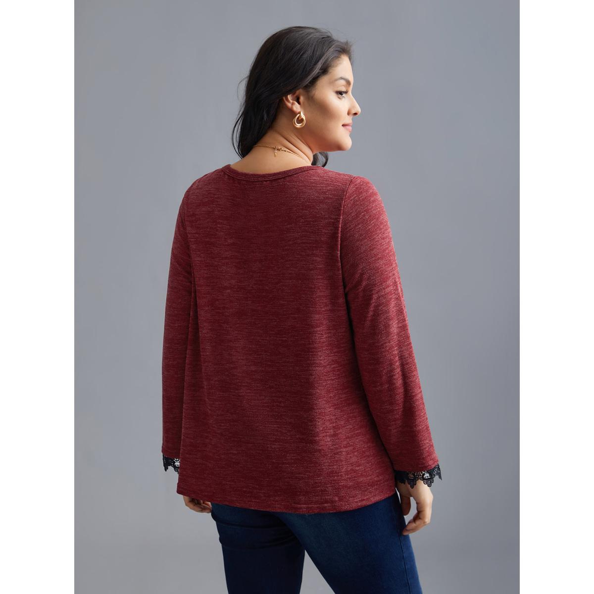 Plus Size V Neck Lace Trim Stitch Button Detail T-Shirt Deepred Women Elegant Woven ribbon&lace trim V-neck Everyday T-shirts BloomChic 14-16/1X Product Image