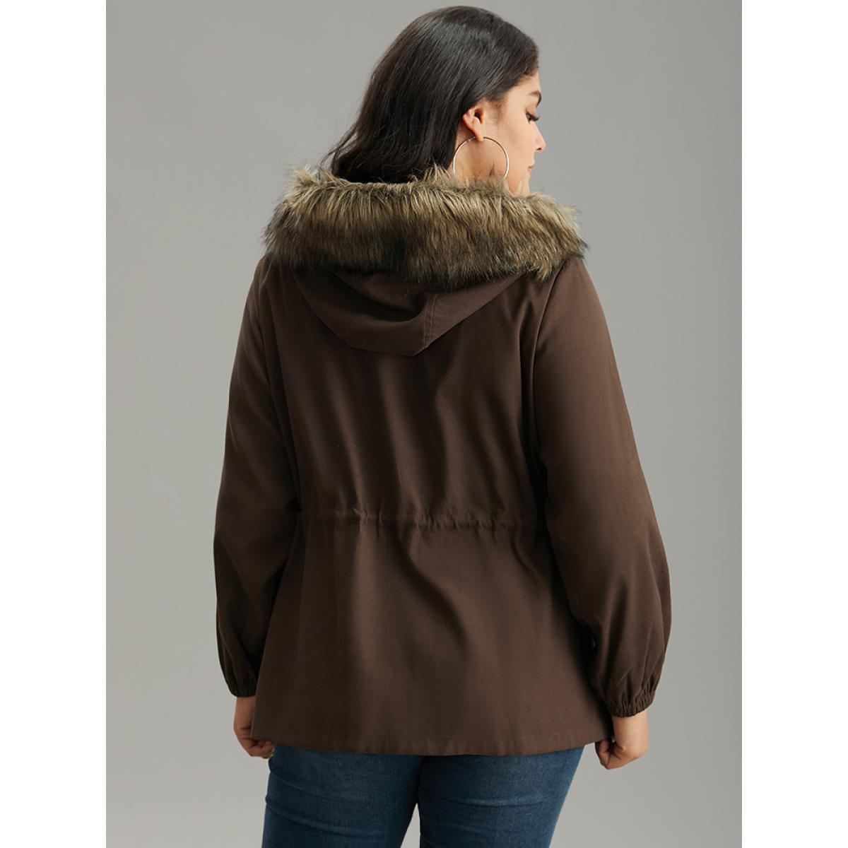 Plus Size Fuzzy Trim Patchwork Zipper Drawstring Buckle Detail Jacket Women DarkBrown Elastic cuffs Pocket Dailywear Jackets BloomChic 14-16/1X Product Image