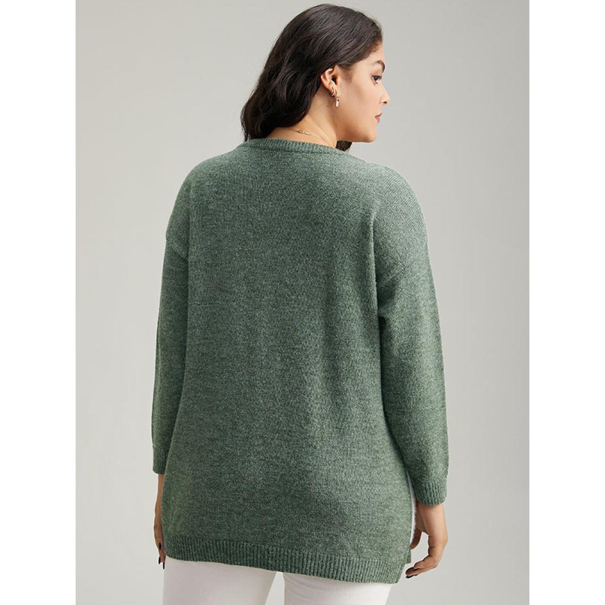 Plus Size Anti-Pilling Elk Print Drop Shoulder Pullover DarkGreen Women Casual Loose Long Sleeve V-neck Festival-Christmas Pullovers BloomChic 12/L Product Image