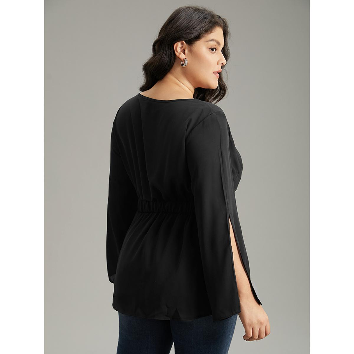 Plus Size Black Solid Chiffon Rhinestone Bell Sleeve Blouse Women Glamour Elbow-length sleeve V-neck Festival-Halloween Blouses BloomChic 18-20/2X Product Image