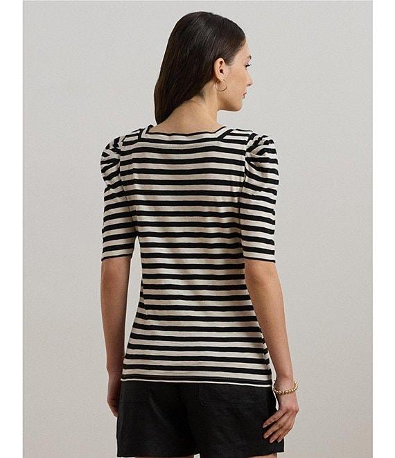 Lauren Ralph Lauren Cotton Jersey Striped Square Neck Puff Sleeve Tee Product Image