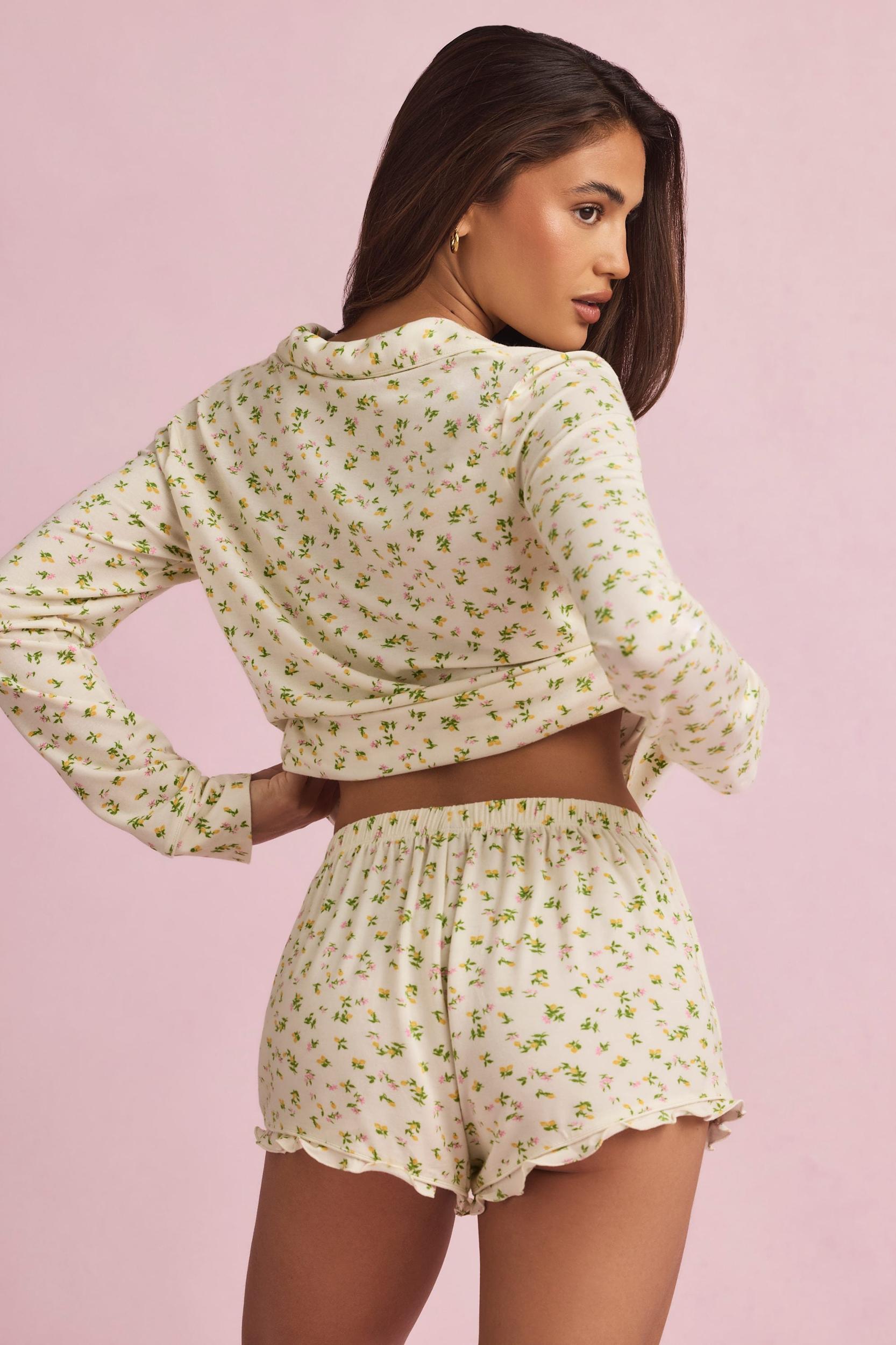 Modal Ruffle-Trim Pyjama Shorts in Lemon Print Product Image