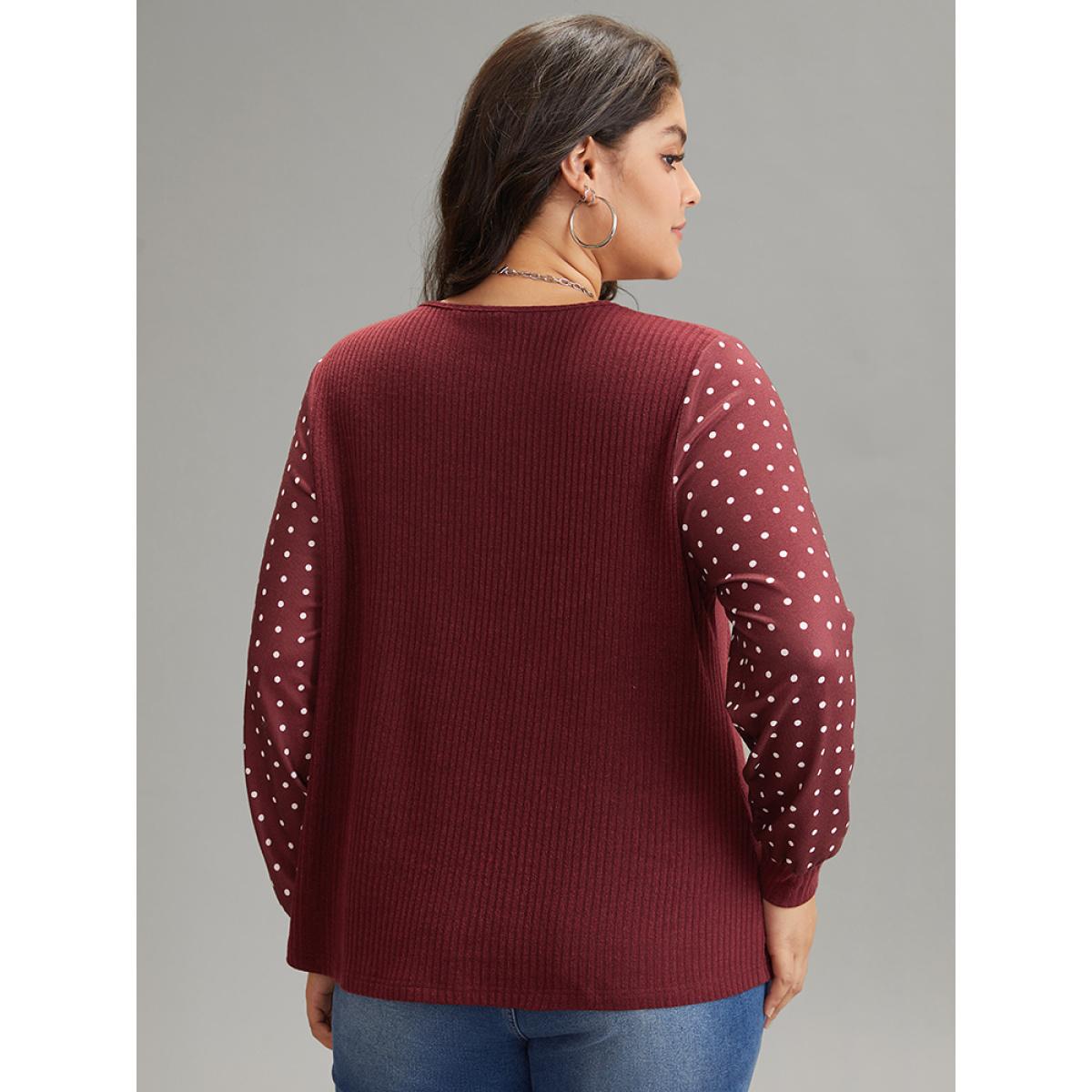 Plus Size Polka Dot Patchwork Button Detail Rib Knit T-shirt Burgundy Women Casual Texture Polka Dot V-neck Dailywear T-shirts BloomChic 30/6X Product Image