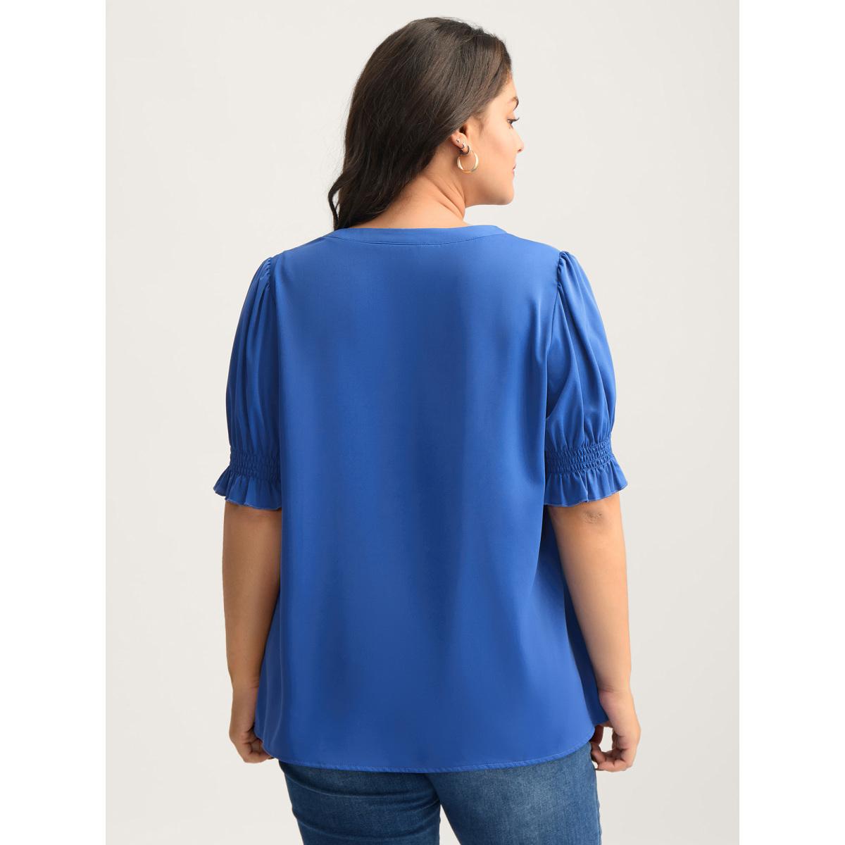 Plus Size DarkBlue Shirred Cuffs Pintuck Pleats Solid Blouse Women Short sleeve Flat collar with V-notch Work Blouses BloomChic 18-20/2X Product Image