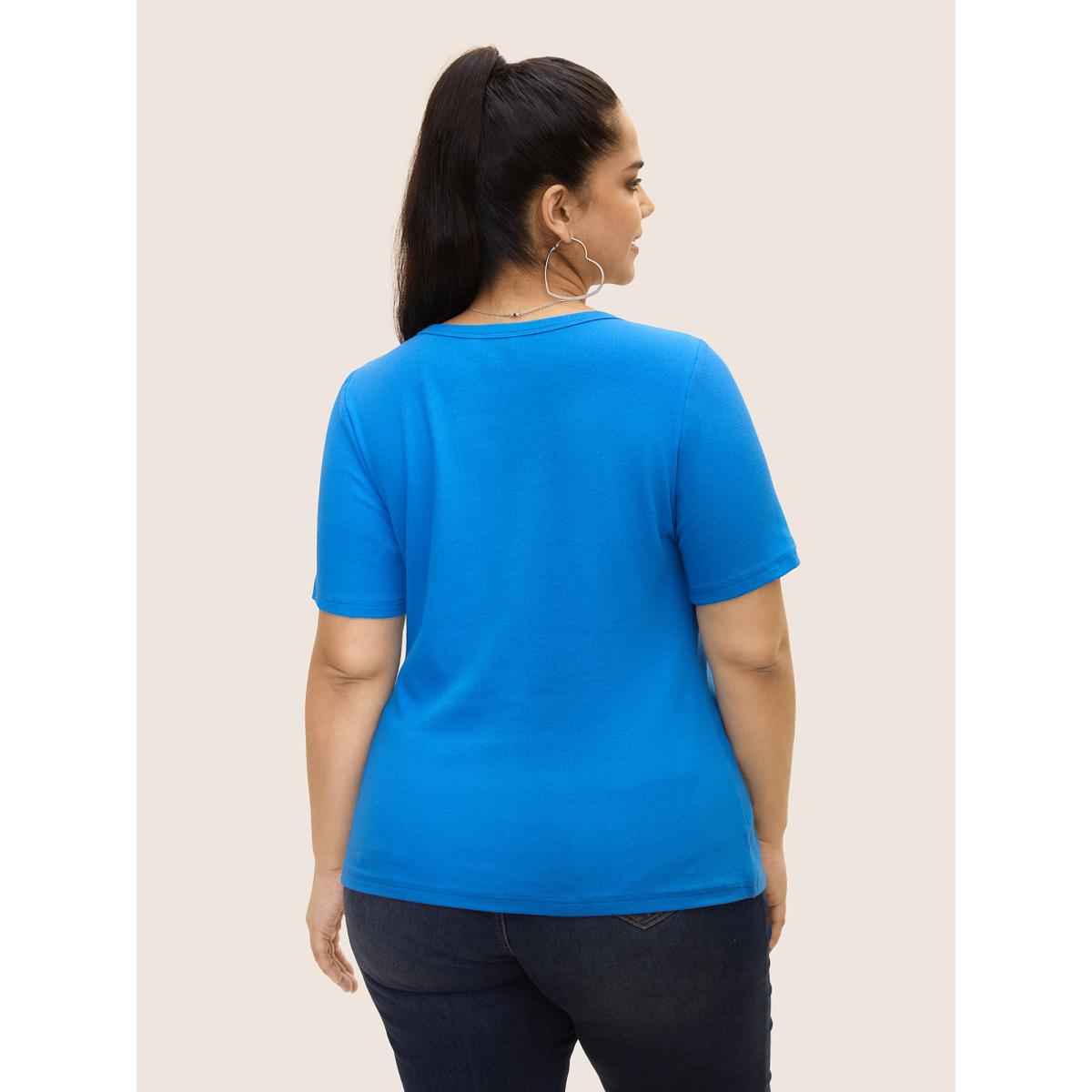 Plus Size Cotton V Neck Button Up Pit Strip T-shirt Skyblue Women Casual Button V-neck Everyday T-shirts BloomChic 28/5X Product Image