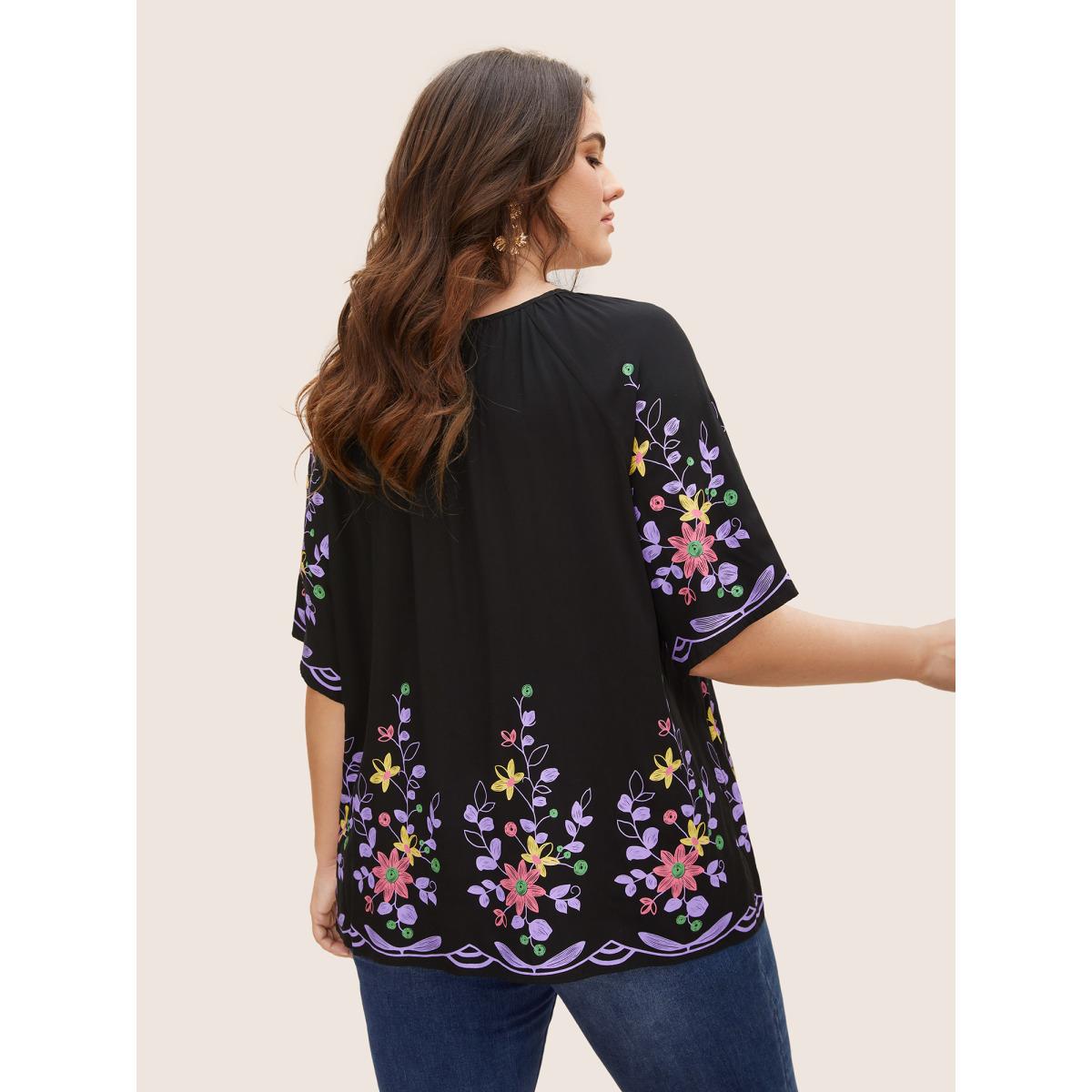 Plus Size Black Boho Print Gathered Ruffle Sleeve Blouse Women Elegant Half Sleeve Round Neck Everyday Blouses BloomChic 14-16/1X Product Image