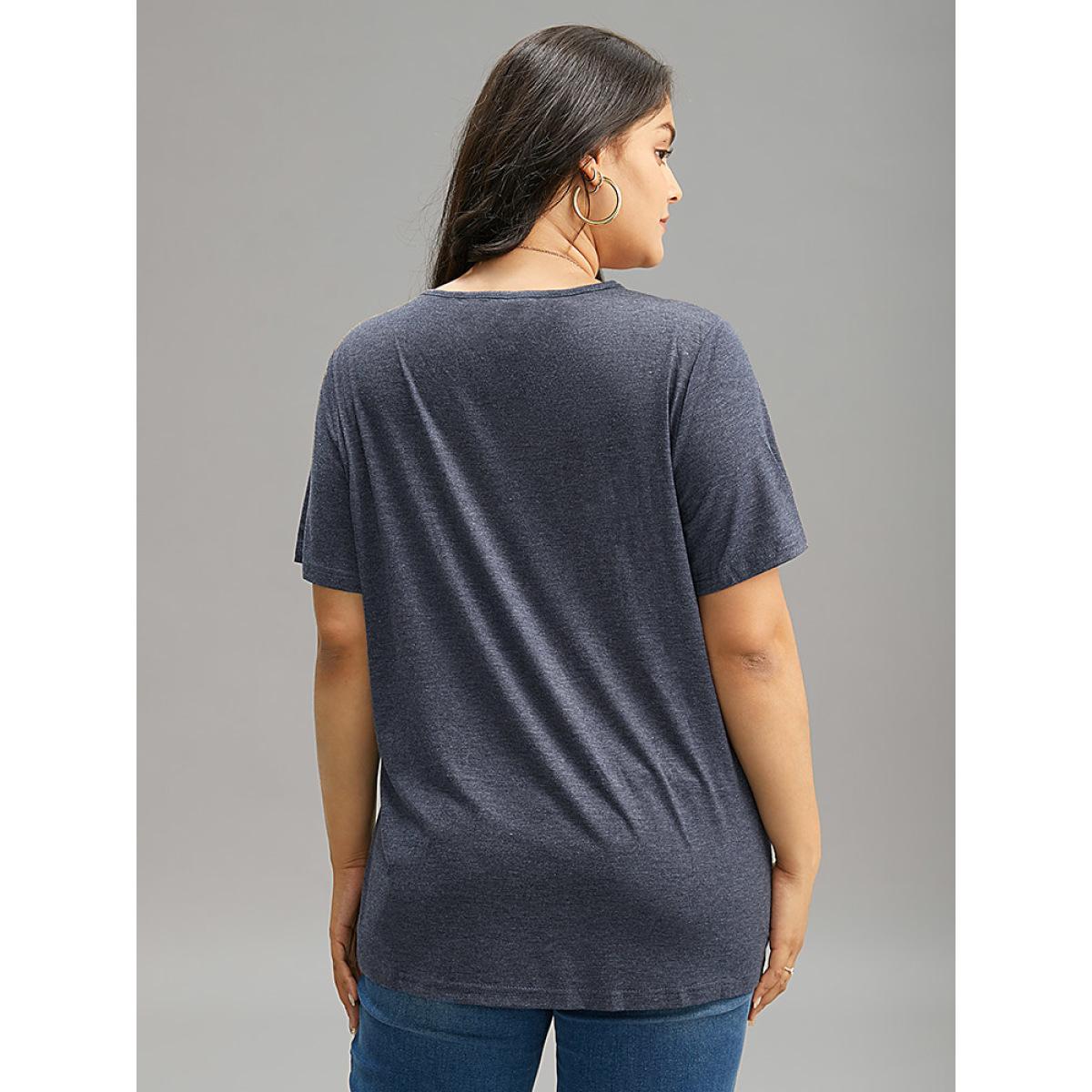 Plus Size Plain Heather Crisscross V Neck T-shirt Blue Women Casual Heather Plain V-neck Dailywear T-shirts BloomChic 18-20/2X Product Image
