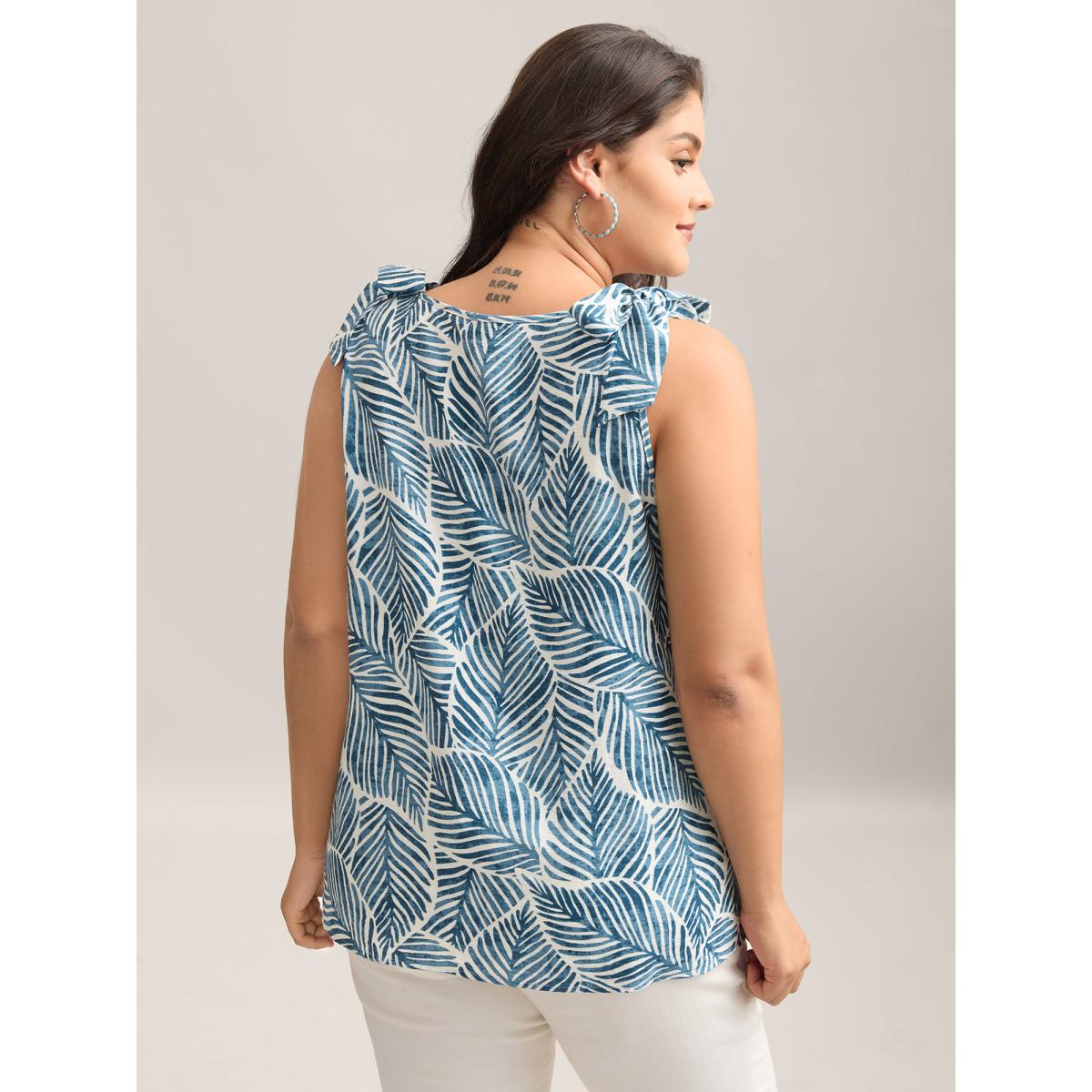 Plus Size Bow Shoulder Leaf Print Button Tank Top Women Mediumblue Resort Tie knot V-neck Vacation Tank Tops Camis BloomChic 10/M Product Image
