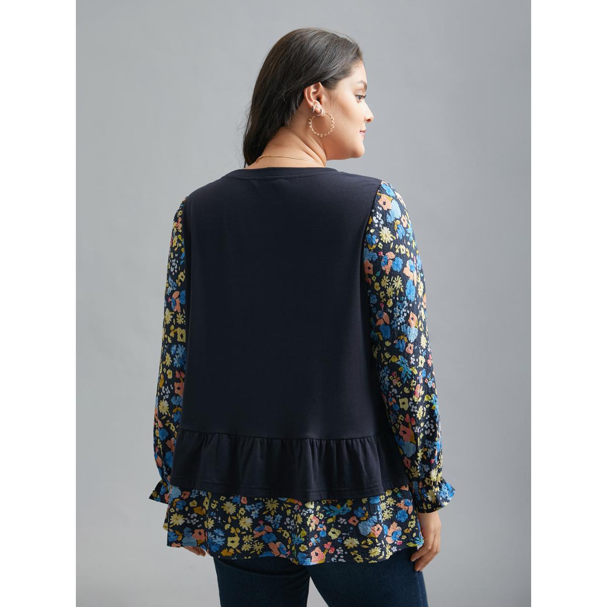 Plus Size Floral Spliced Tiered Hem T-Shirt Indigo Women Elegant Contrast Natural Flowers Round Neck Everyday T-shirts BloomChic 22-24/3X Product Image
