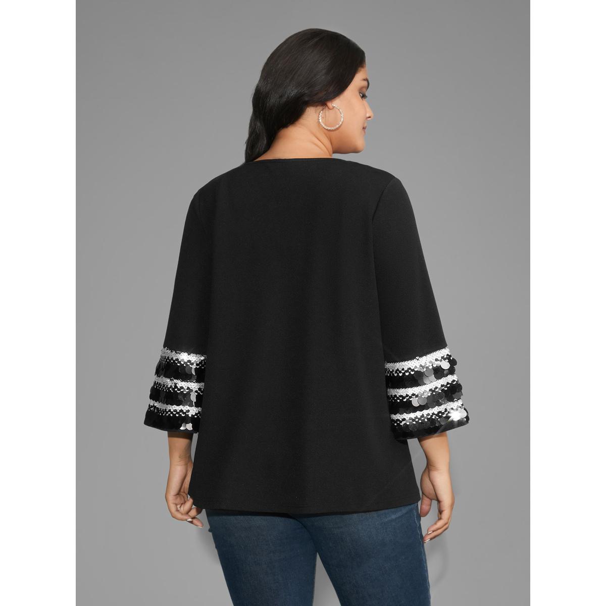 Plus Size Black Sequin Patchwork Keyhole Bell Sleeve Blouse Women Elegant Three Quarter Length Sleeve Round Neck Everyday Blouses BloomChic 10/M Product Image
