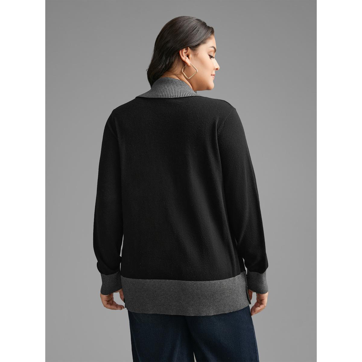 Plus Size Contrast Overlap Collar Button Detail Pullover Black Women Casual Loose Long Sleeve Overlap Collar Everyday Pullovers BloomChic 12/L Product Image