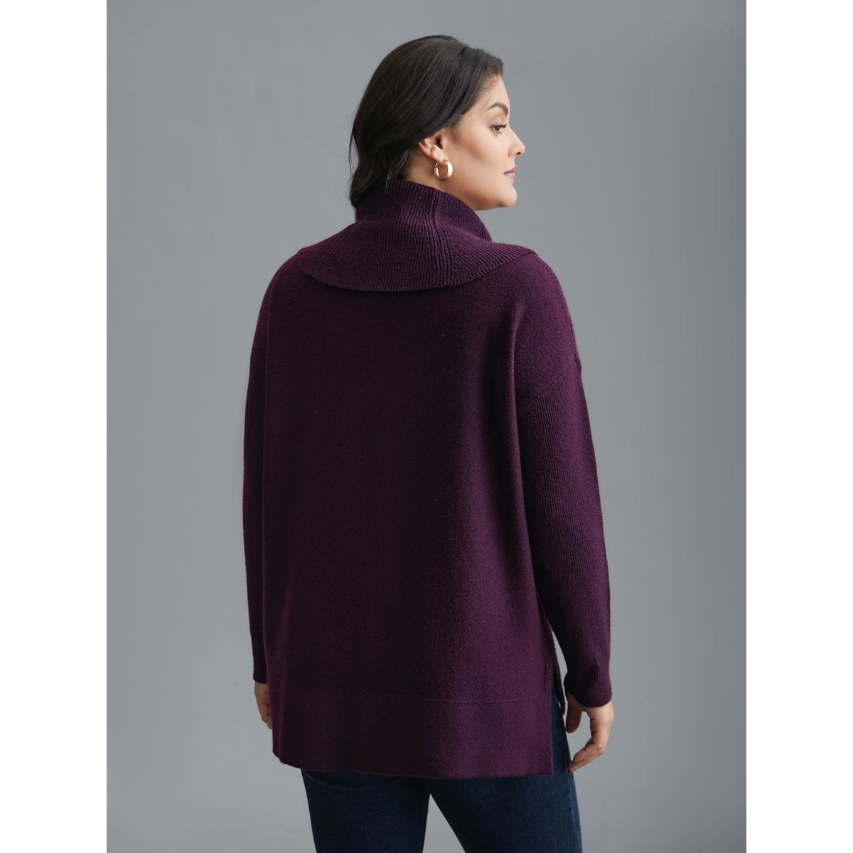 Plus Size Supersoft Essentials Turtle Neck Asymmetrical Hem Slit Pullover Eggplant Women Casual Loose Long Sleeve Turtleneck Everyday Pullovers BloomChic 10/M Product Image