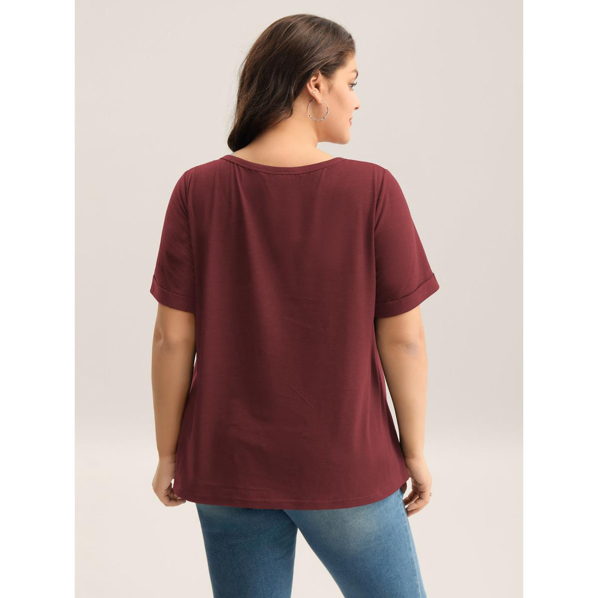 Plus Size Solid Split Neck Button Detail T-Shirt Burgundy Women Leisure Button Notched collar Casual T-shirts BloomChic 10/M Product Image