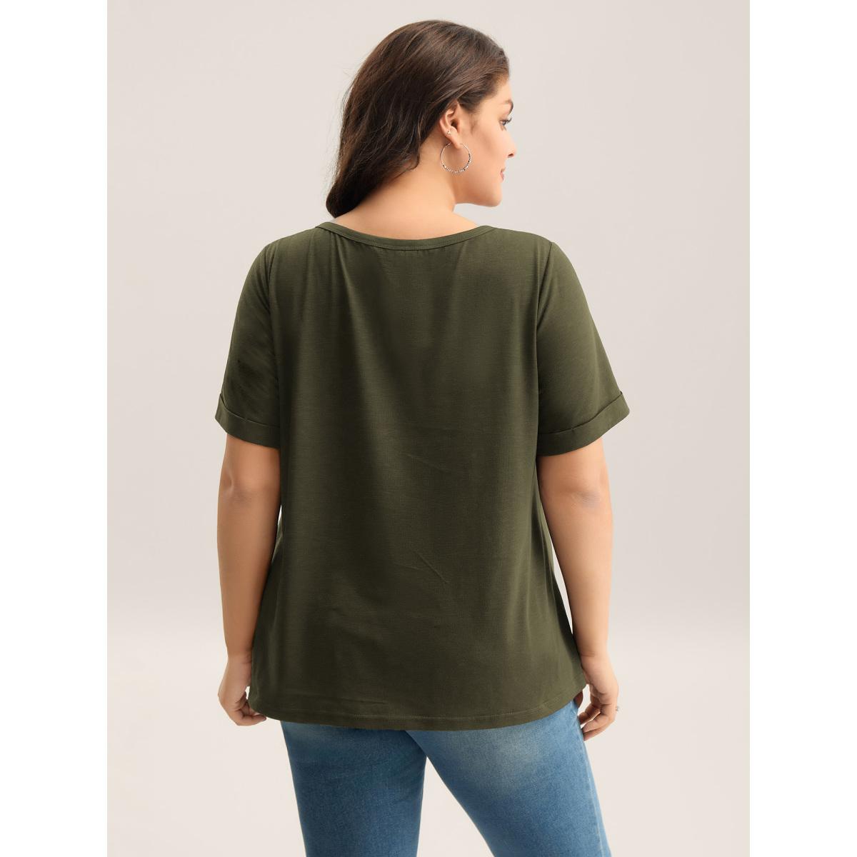 Plus Size Solid Split Neck Button Detail T-Shirt ArmyGreen Women Leisure Button Notched collar Casual T-shirts BloomChic 30/6X Product Image