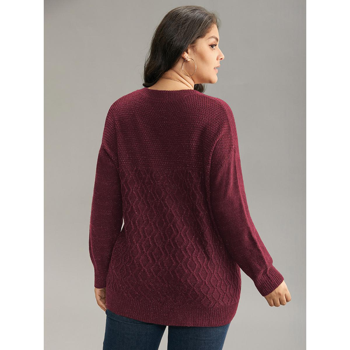 Plus Size Plain Sparkly V Neck Loose Pullover Scarlet Women Casual Long Sleeve V-neck Everyday Pullovers BloomChic 28/5X Product Image