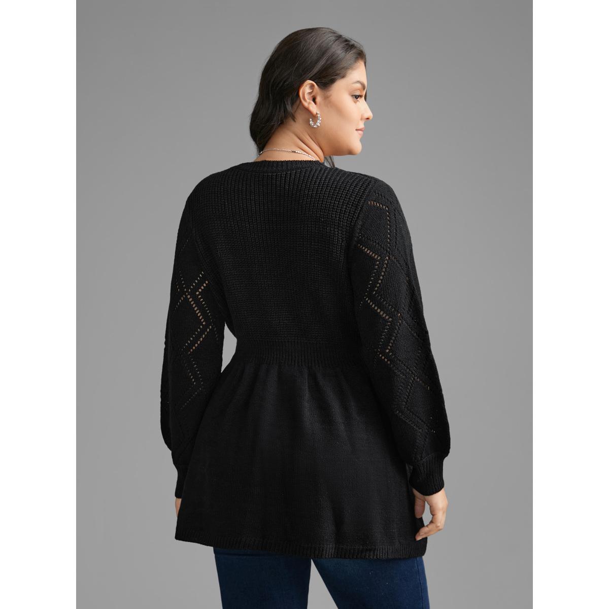 Plus Size V Neck Lace Panel Lantern Sleeve Pullover Black Women Casual Bodycon Long Sleeve V-neck Everyday Pullovers BloomChic 26/4X Product Image